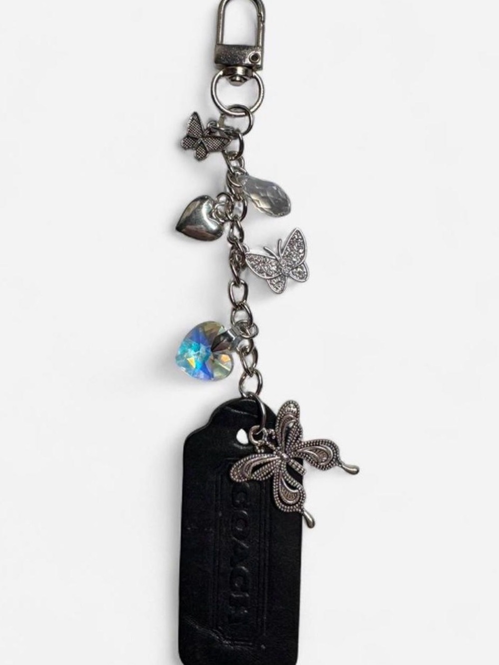 Coach Black Leather Hangtag with Silver Butterfly & Crystal Charms Bag Charm - Picture 2 of 6